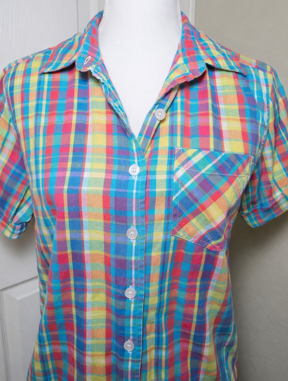 Erika Colorful Plaid Shirt Small Boxy Cotton Madras 90s Y2K Casual Preppy - Picture 2 of 5